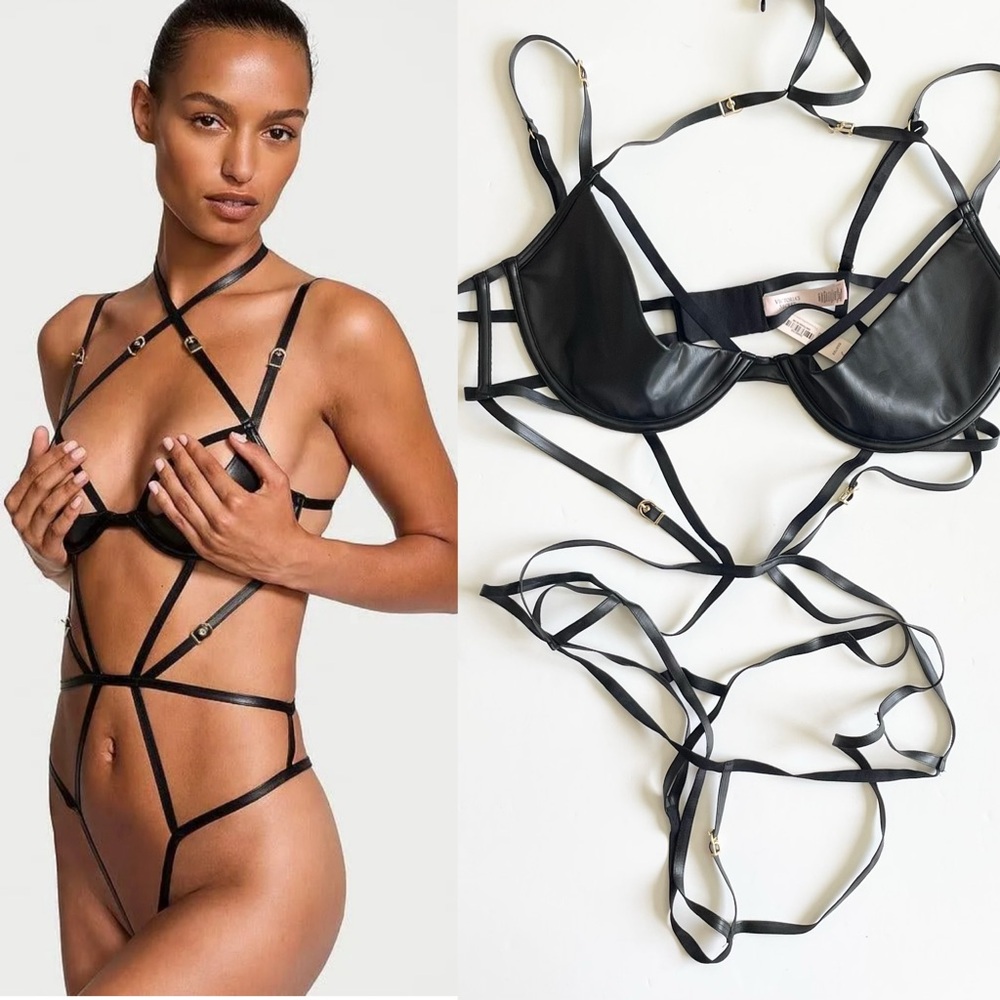 XXL Victoria’s Secret faux leather open cup strappy black playsuit